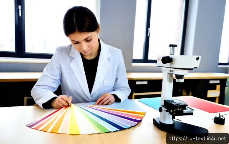 Home 13 섬유기사와 최신 시험 동향 - Photorealistic Russian textile engineering student in a modern technical examination workshop, caref...