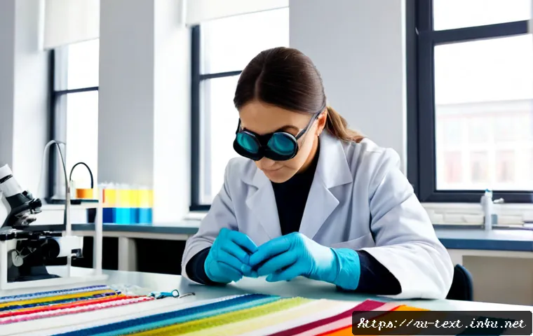 Home 17 섬유기사와 섬유 화학 - Photorealistic Russian textile engineer in a clean modern fabric laboratory, wearing protective gogg...