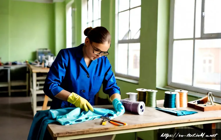 Home 13 섬유기사 실기시험의 준비 단계 - Photorealistic textile technician practical exam preparation scene in a Russian vocational workshop,...